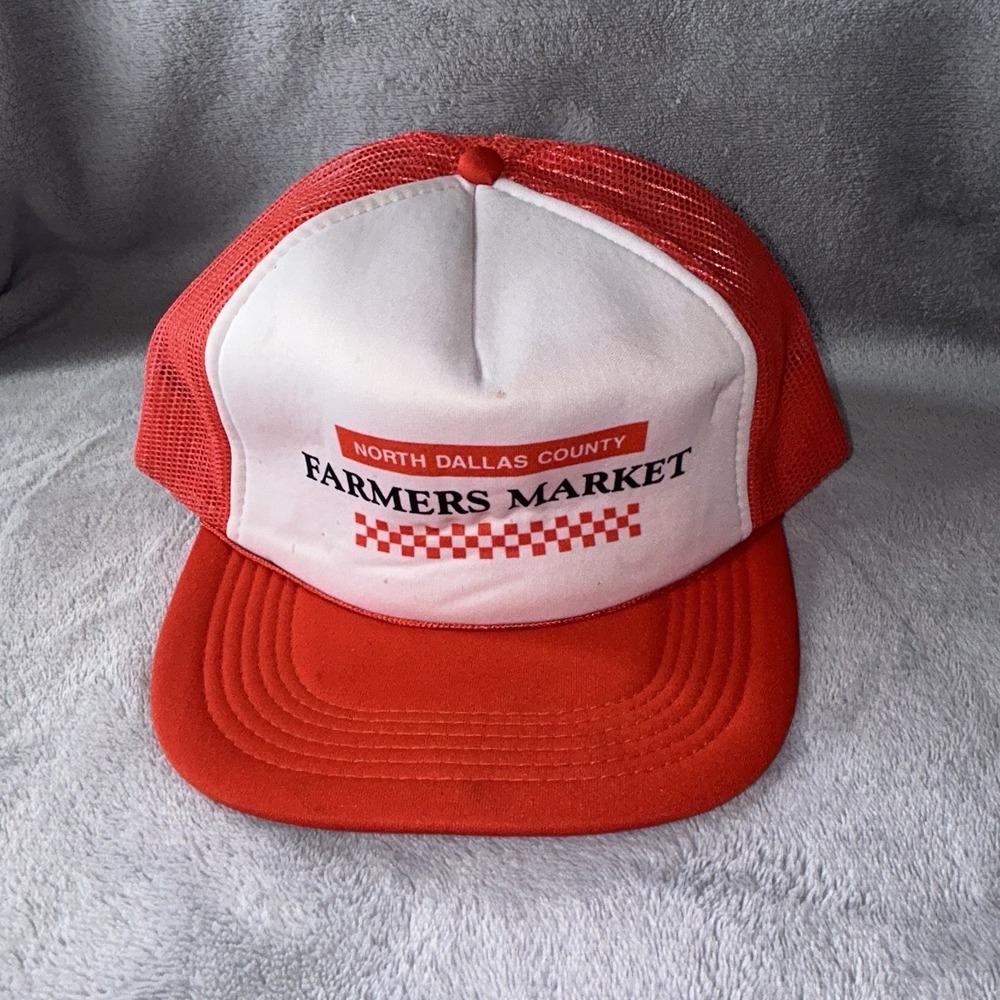 Vintage North Dallas County Farmers Market Trucker Hat Orange White Snapback Cap